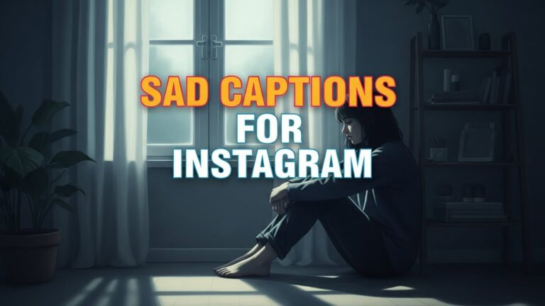 A soft, emotional portrait-style background featuring a moody, cinematic scene of a person (girl or boy) sitting alone near a window with soft light and gentle shadows, capturing a realistic sad aesthetic. The background should feel atmospheric and visually rich, with cool tones and subtle depth. Add the blog title “Sad Captions for Instagram” in a bold, bright, color-popping style that contrasts sharply against the background. Place a short, colorful caption at the bottom middle—clean, minimal, and easy to read—while keeping the main focus on the background image’s emotional storytelling.